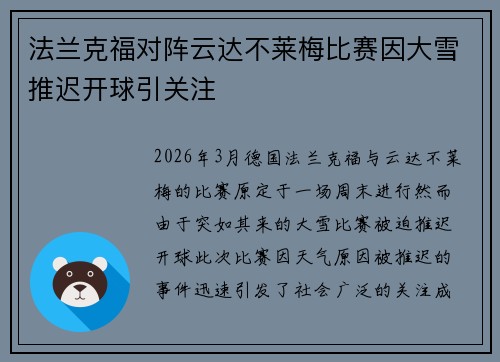 法兰克福对阵云达不莱梅比赛因大雪推迟开球引关注