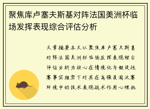 聚焦库卢塞夫斯基对阵法国美洲杯临场发挥表现综合评估分析